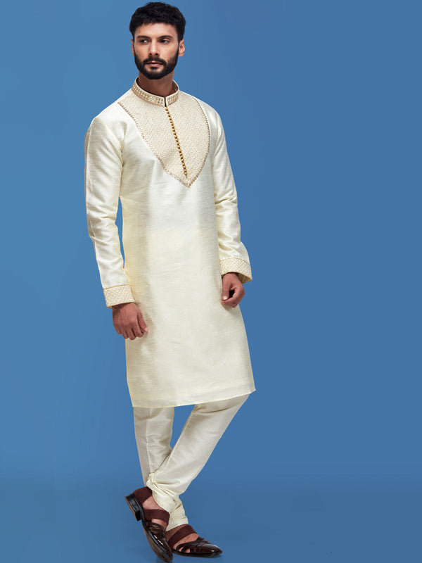 Dashing Off-White Kurta in Cotton Silk with Golden Potlis