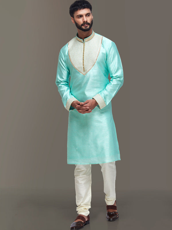 Men Sea Green Ethnic Kurta with Jacquard Neck Patch and Sleeves