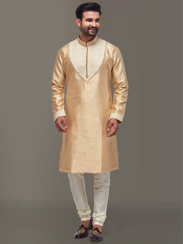 Gold Toned Simple Ethnic Kurta in Cotton Silk