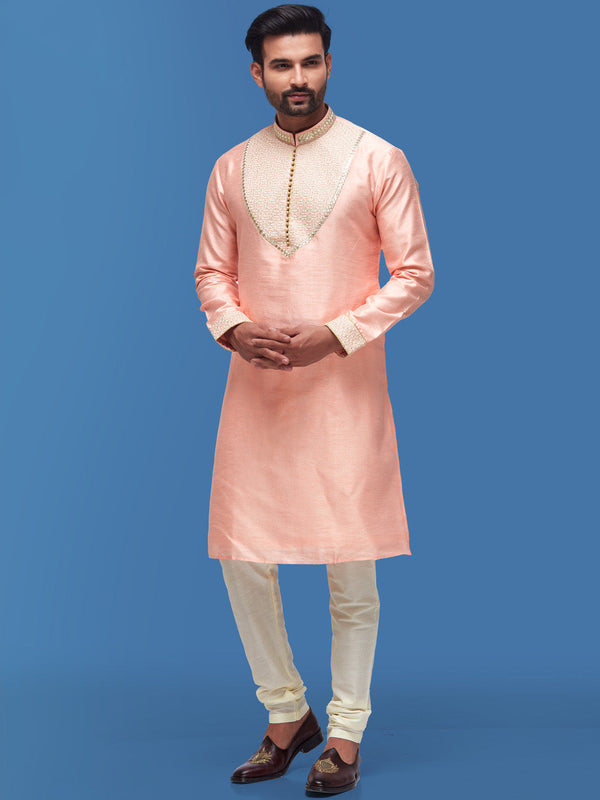 Traditional Peach-Coloured Art Silk Kurta for Men