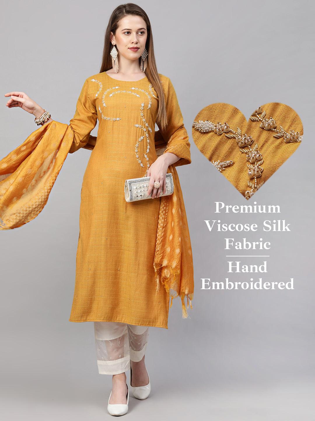 Zardosi Embroidered Kurta with Woven Dupatta - Mustard - Indiakreations