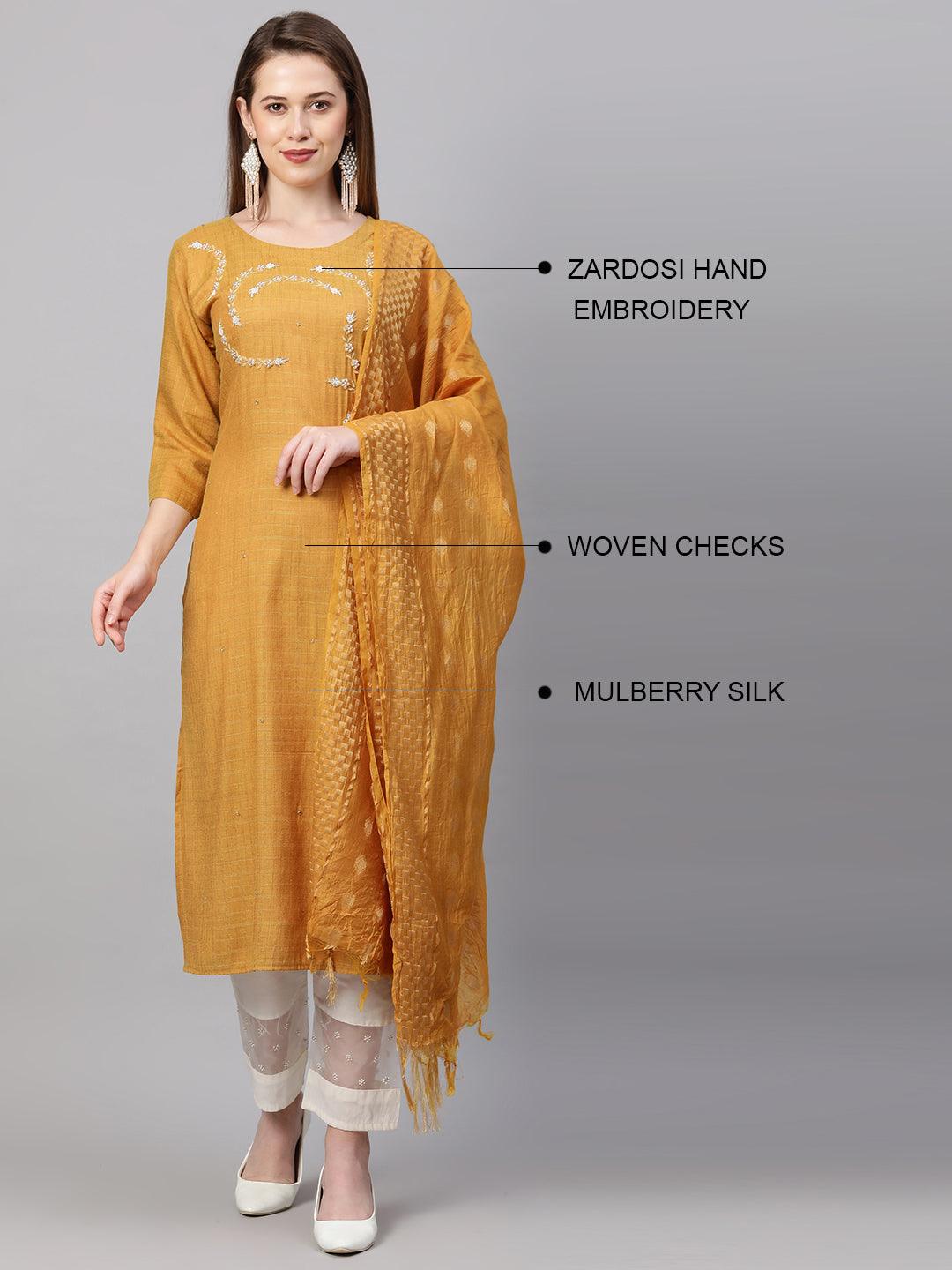 Zardosi Embroidered Kurta with Woven Dupatta - Mustard - Indiakreations