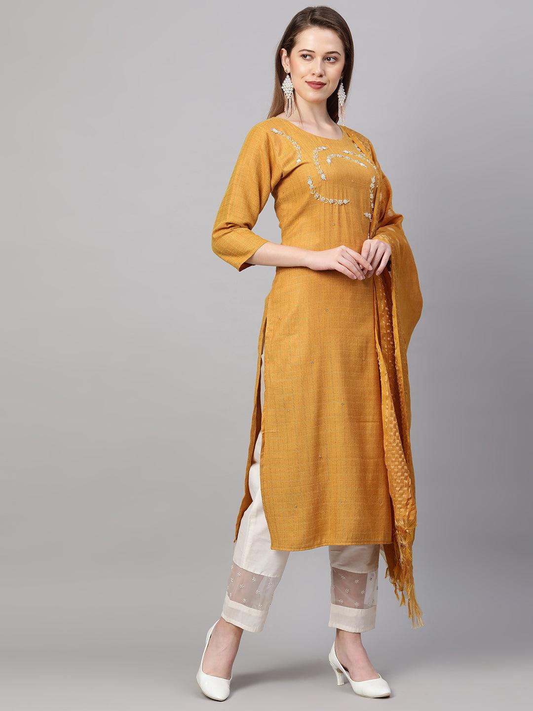 Zardosi Embroidered Kurta with Woven Dupatta - Mustard - Indiakreations