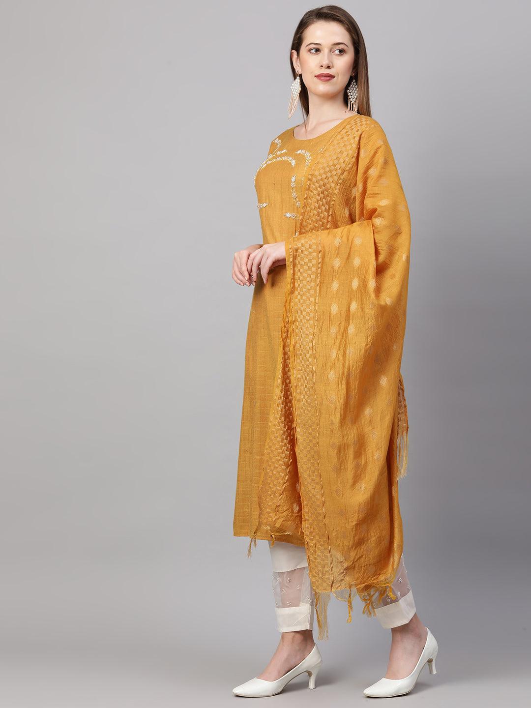 Zardosi Embroidered Kurta with Woven Dupatta - Mustard - Indiakreations