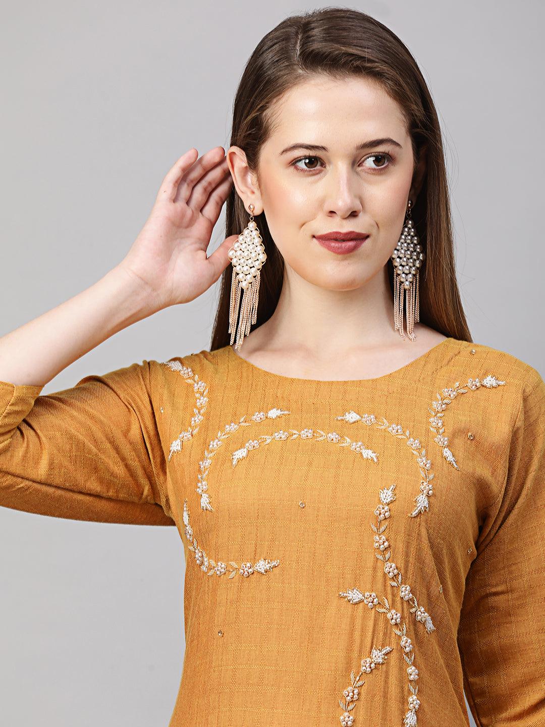 Zardosi Embroidered Kurta with Woven Dupatta - Mustard - Indiakreations