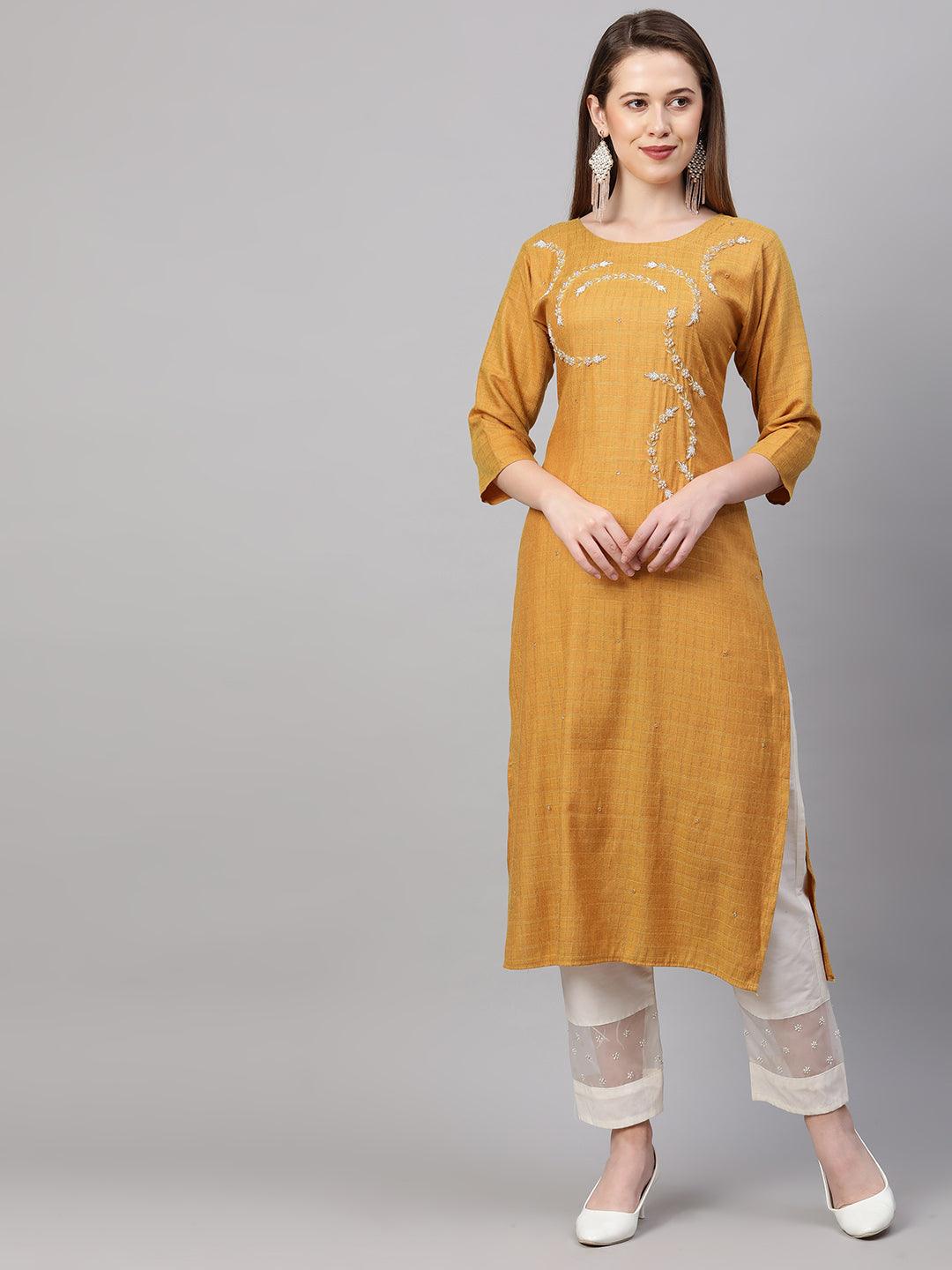 Zardosi Embroidered Kurta with Woven Dupatta - Mustard - Indiakreations