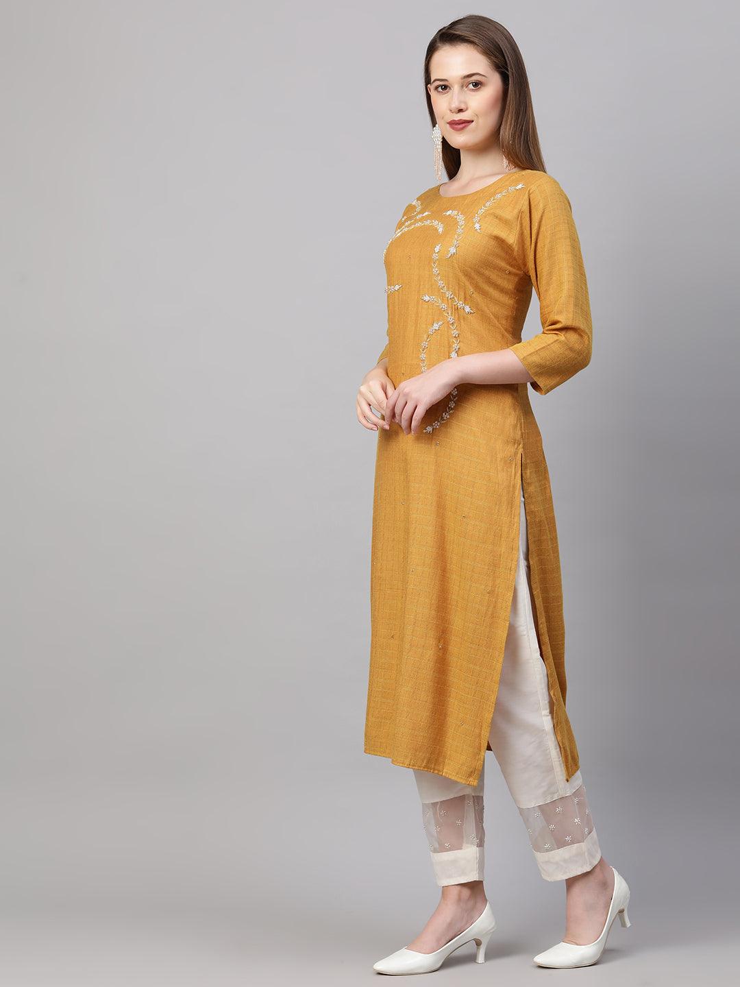 Zardosi Embroidered Kurta with Woven Dupatta - Mustard - Indiakreations