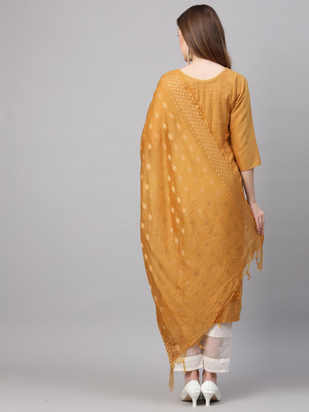 Zardosi Embroidered Kurta with Woven Dupatta - Mustard - Indiakreations