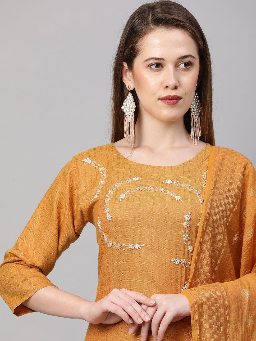 Zardosi Embroidered Kurta with Woven Dupatta - Mustard - Indiakreations