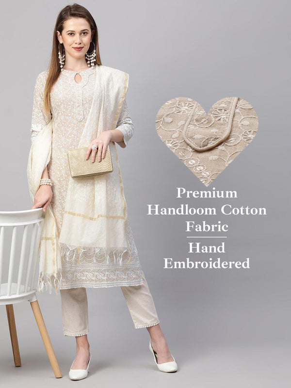 Chikankari Kurta & Handloom Pant with Chanderi Dupatta - Beige - Indiakreations