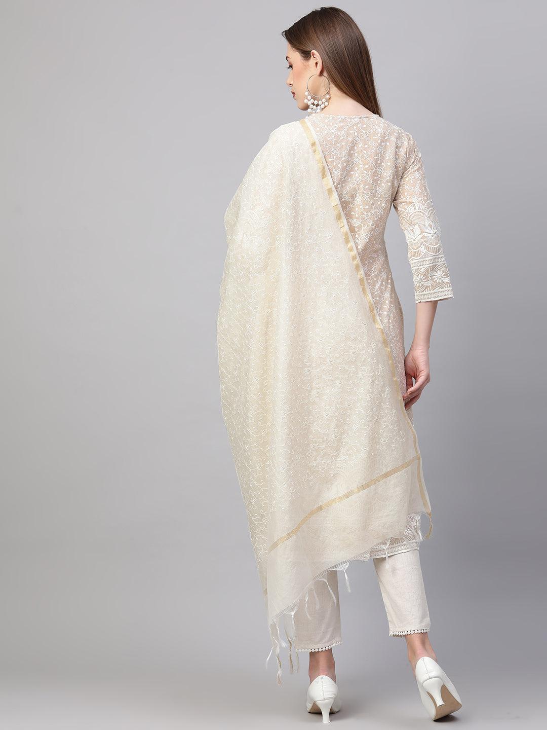 Chikankari Kurta & Handloom Pant with Chanderi Dupatta - Beige - Indiakreations