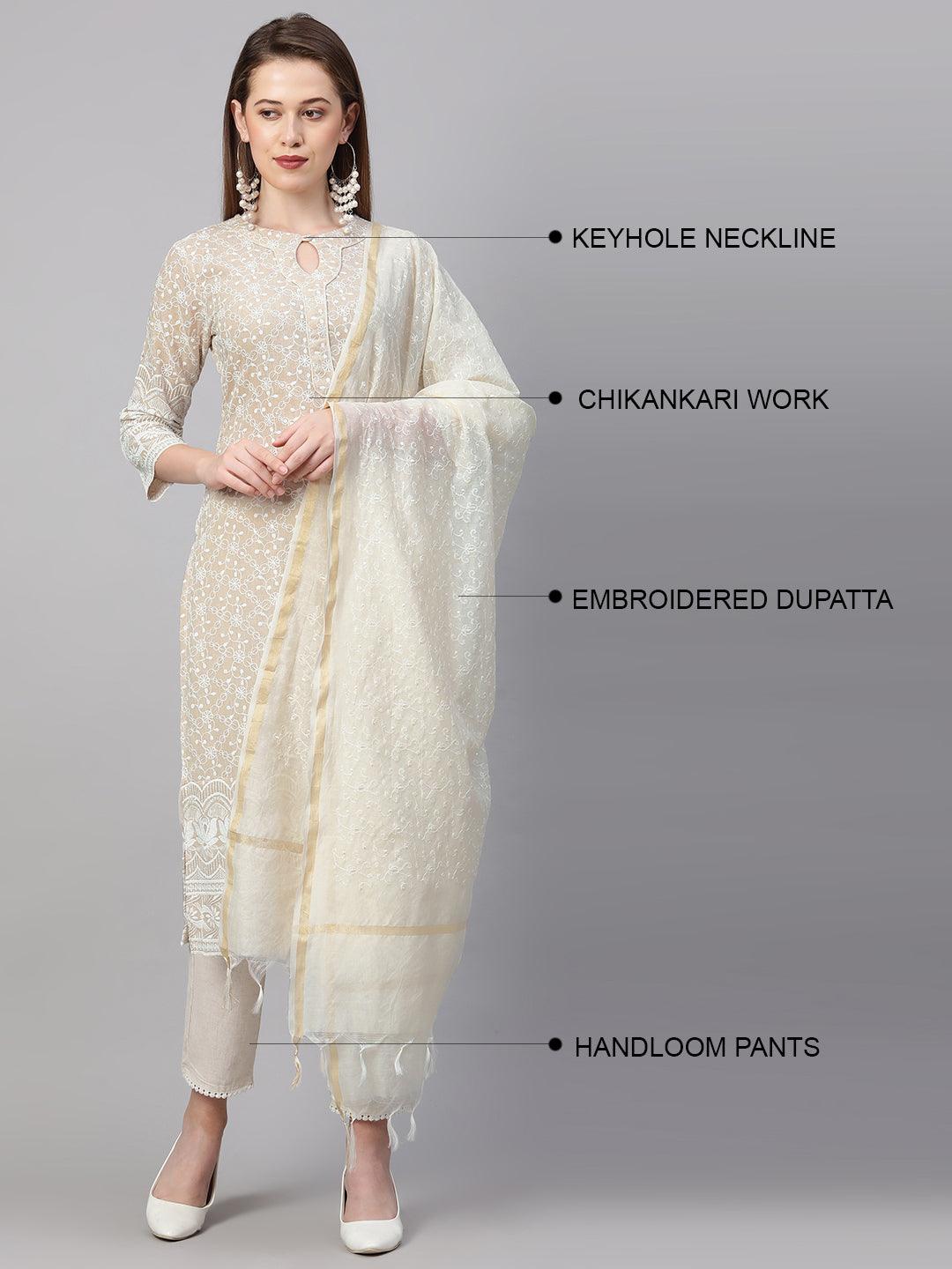 Chikankari Kurta & Handloom Pant with Chanderi Dupatta - Beige - Indiakreations