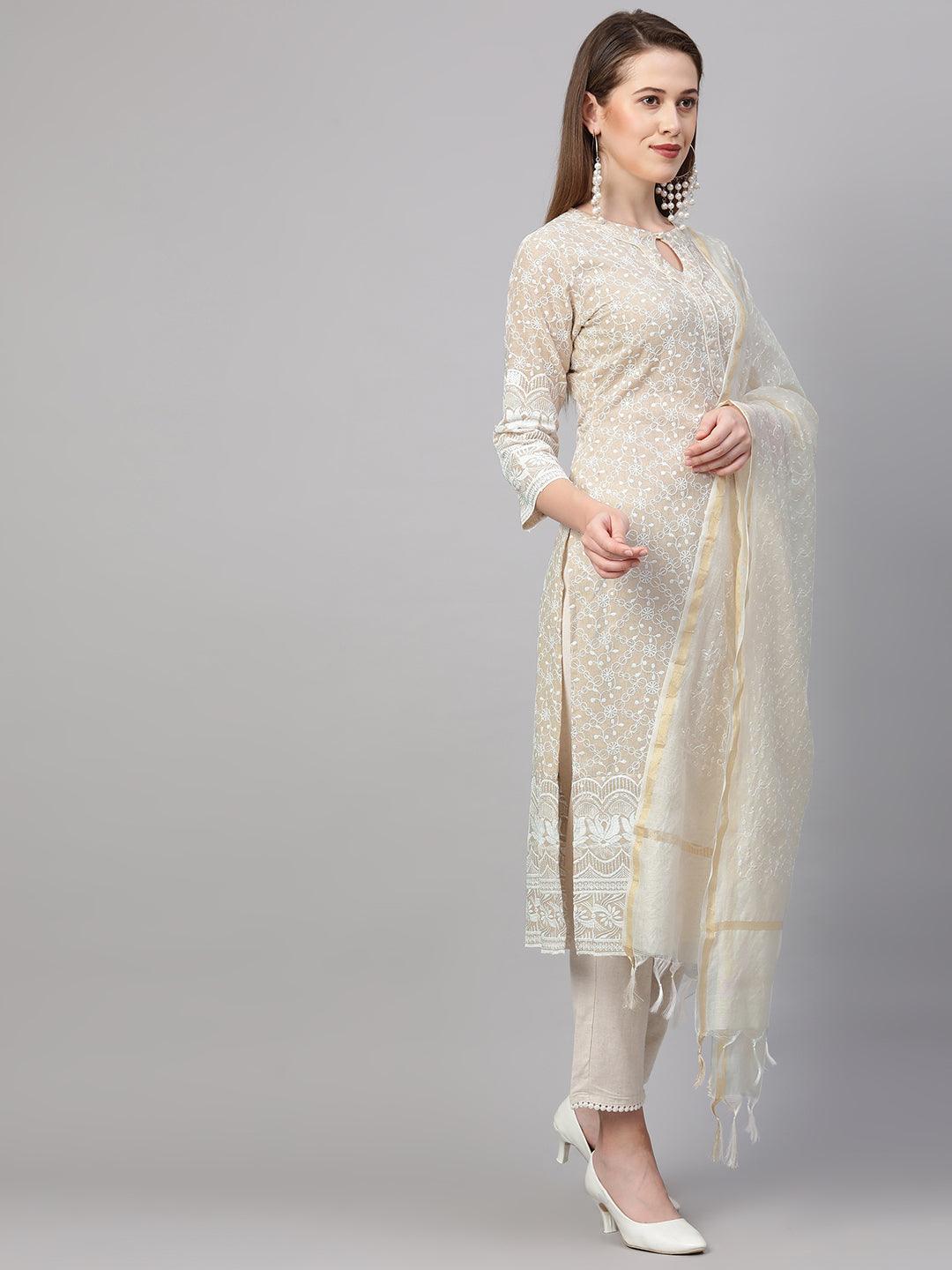 Chikankari Kurta & Handloom Pant with Chanderi Dupatta - Beige - Indiakreations