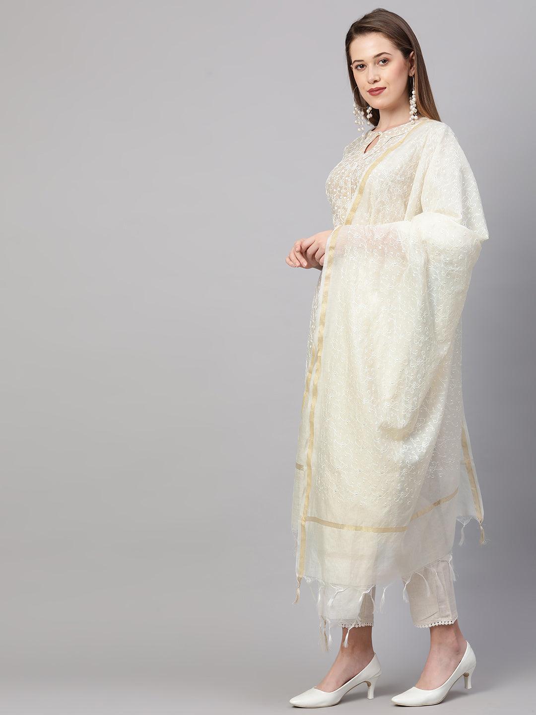 Chikankari Kurta & Handloom Pant with Chanderi Dupatta - Beige - Indiakreations