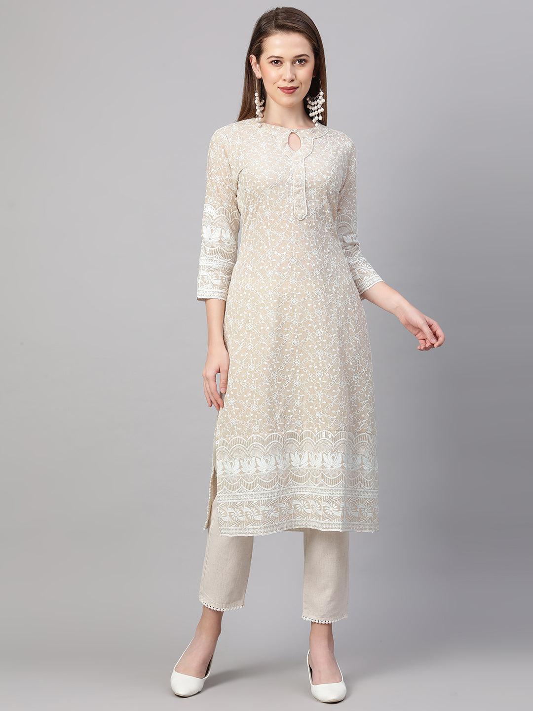 Chikankari Kurta & Handloom Pant with Chanderi Dupatta - Beige - Indiakreations