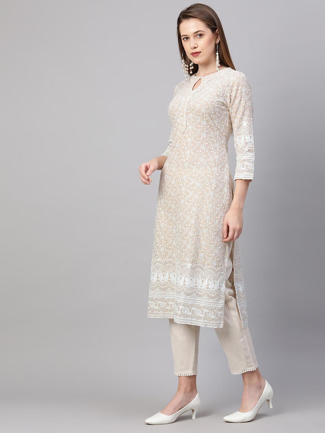 Chikankari Kurta & Handloom Pant with Chanderi Dupatta - Beige - Indiakreations