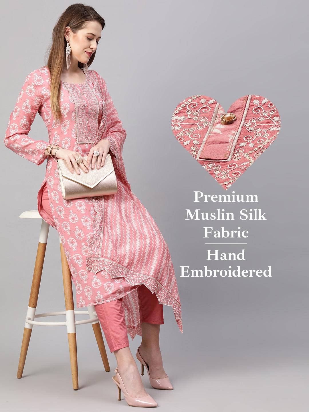 Ethnic Printed & Embroidered Kurta & Dupatta with Pant - Rose Pink - Indiakreations