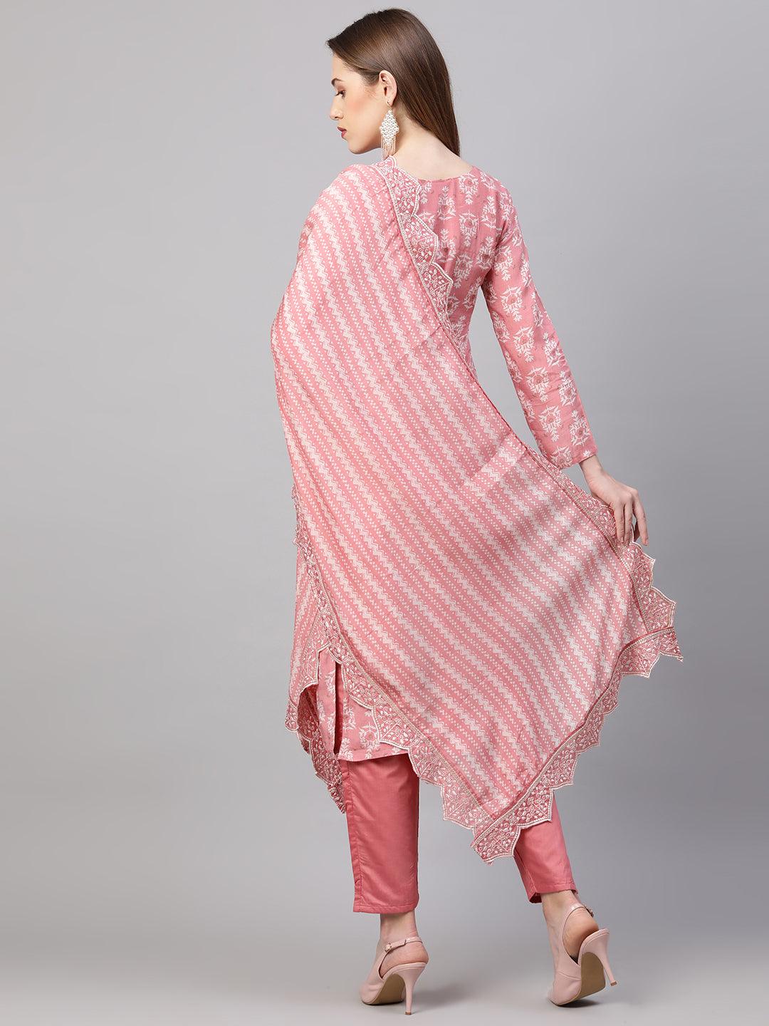 Ethnic Printed & Embroidered Kurta & Dupatta with Pant - Rose Pink - Indiakreations