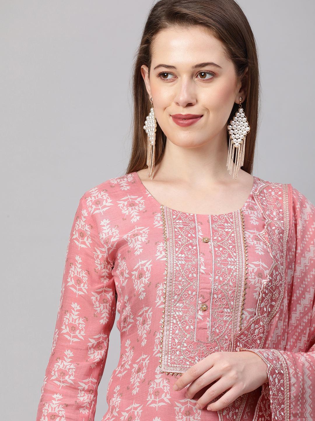 Ethnic Printed & Embroidered Kurta & Dupatta with Pant - Rose Pink - Indiakreations