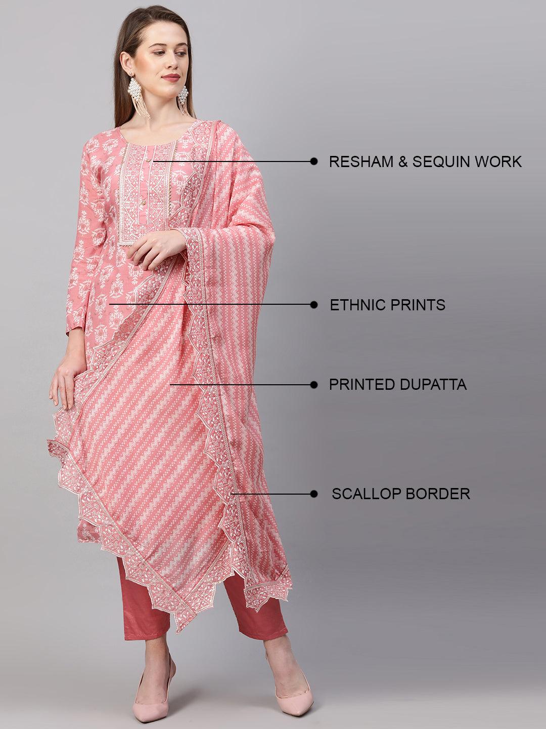 Ethnic Printed & Embroidered Kurta & Dupatta with Pant - Rose Pink - Indiakreations