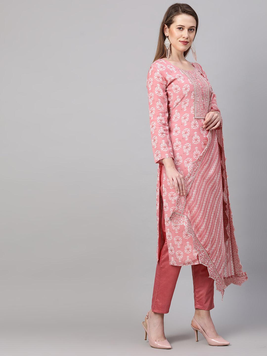 Ethnic Printed & Embroidered Kurta & Dupatta with Pant - Rose Pink - Indiakreations