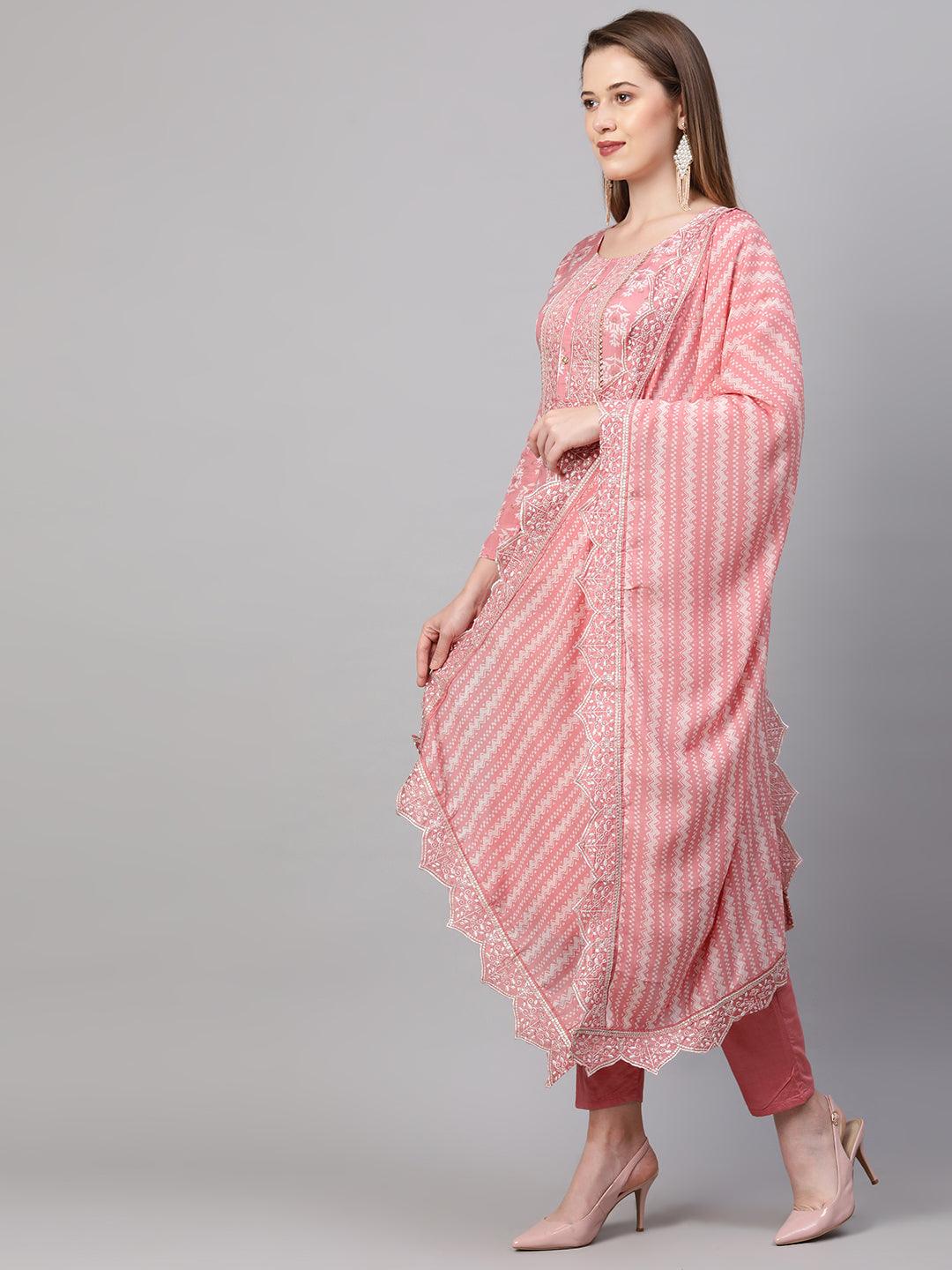 Ethnic Printed & Embroidered Kurta & Dupatta with Pant - Rose Pink - Indiakreations