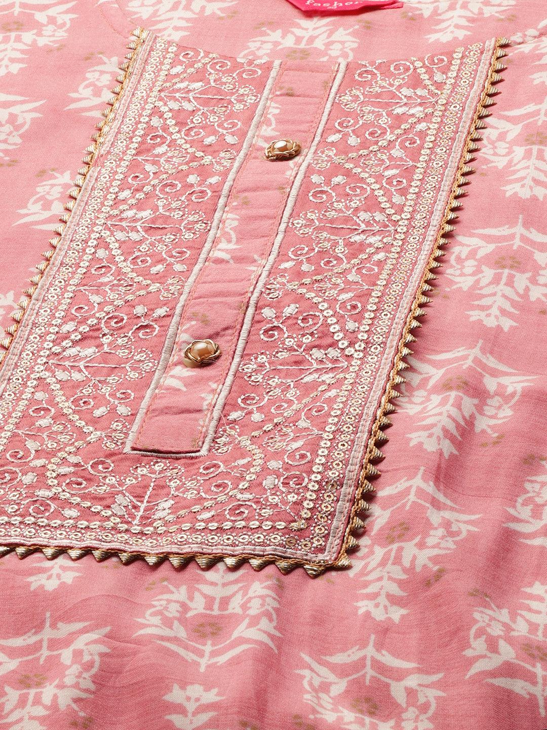 Ethnic Printed & Embroidered Kurta & Dupatta with Pant - Rose Pink - Indiakreations