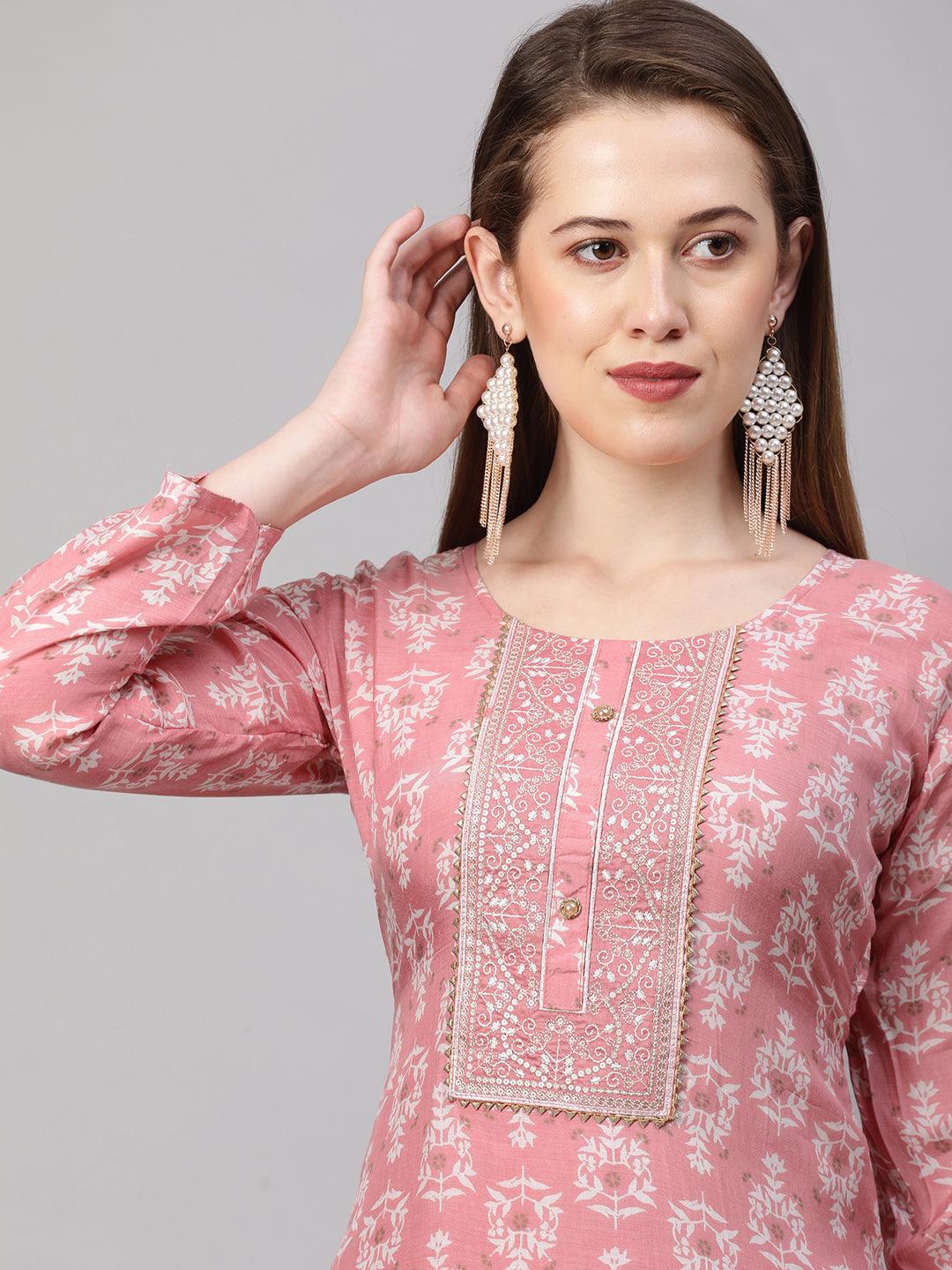 Ethnic Printed & Embroidered Kurta & Dupatta with Pant - Rose Pink - Indiakreations