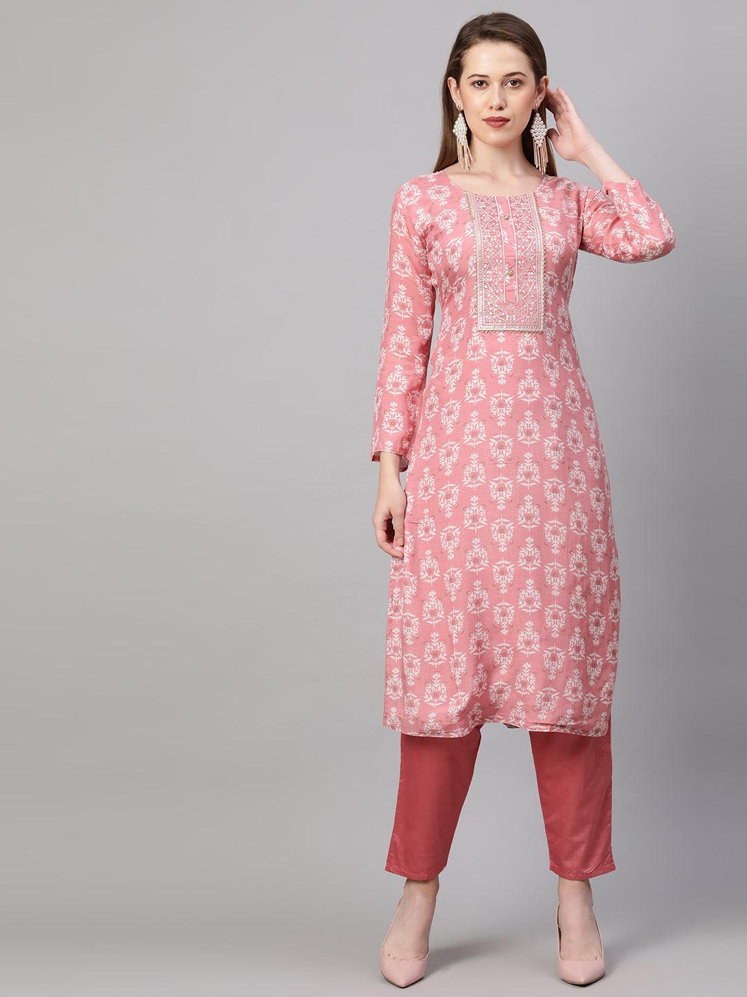 Ethnic Printed & Embroidered Kurta & Dupatta with Pant - Rose Pink - Indiakreations