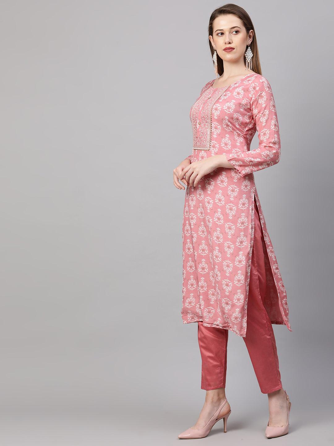 Ethnic Printed & Embroidered Kurta & Dupatta with Pant - Rose Pink - Indiakreations