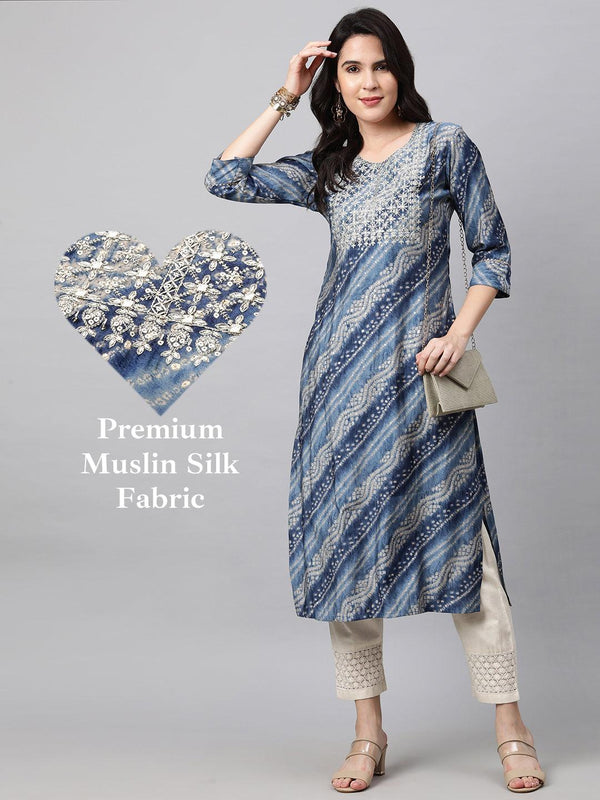 Zari Embroidered Bandhani Straight Kurta with 2-Ply Mask - Slate Blue - Indiakreations