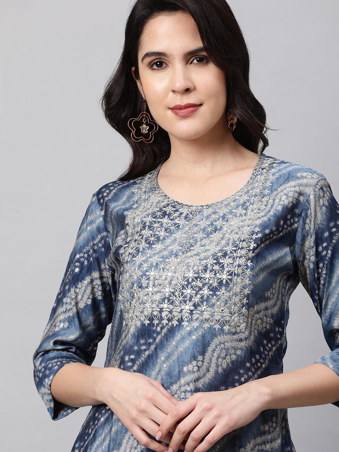 Zari Embroidered Bandhani Straight Kurta with 2-Ply Mask - Slate Blue - Indiakreations