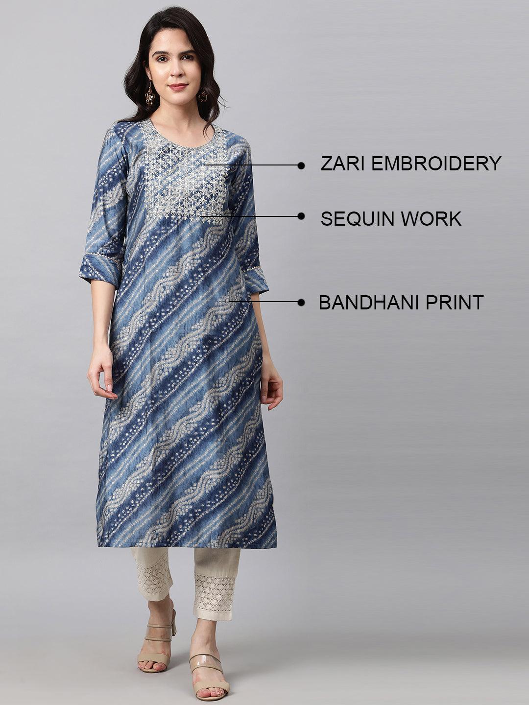 Zari Embroidered Bandhani Straight Kurta with 2-Ply Mask - Slate Blue - Indiakreations