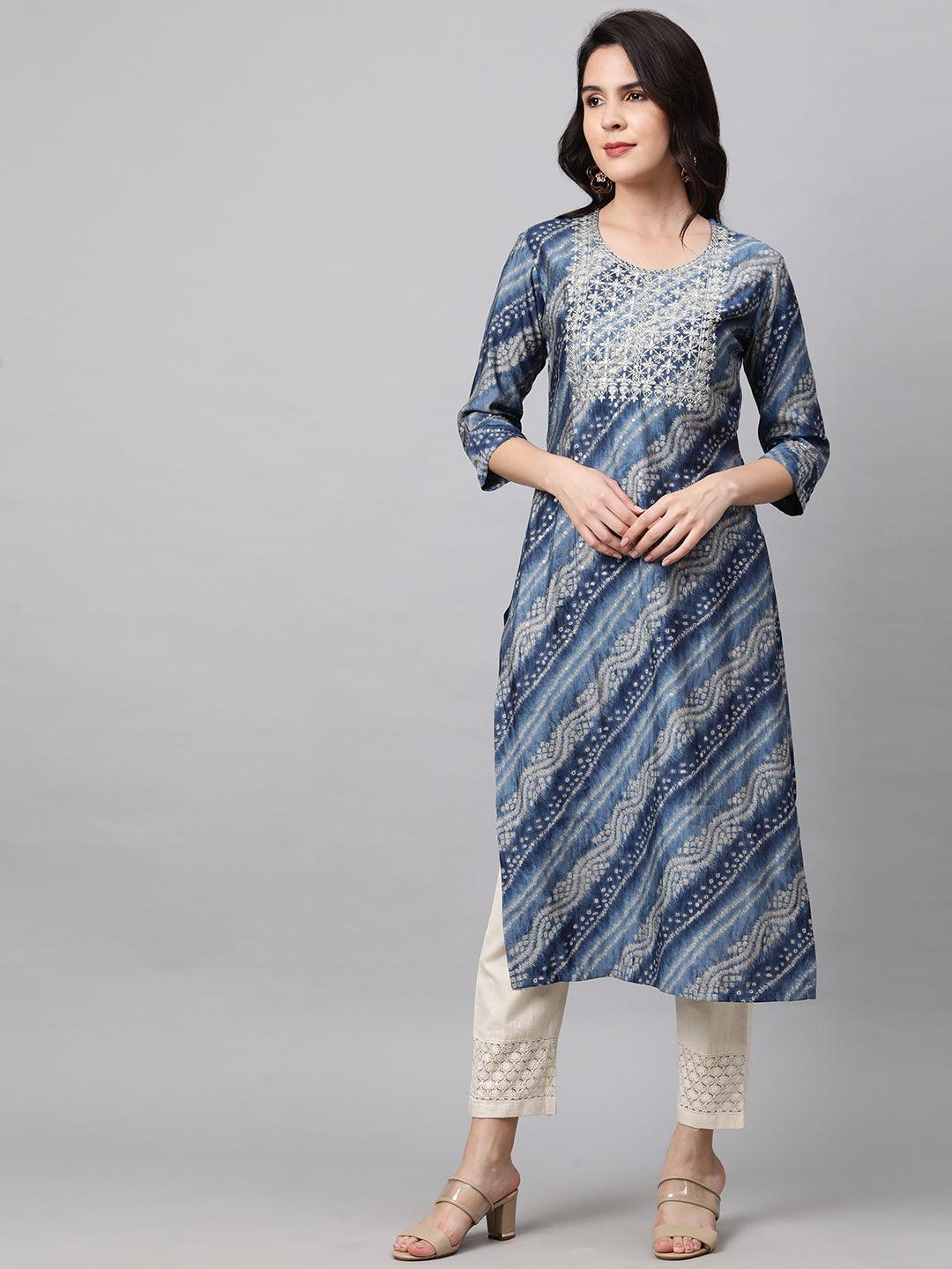 Zari Embroidered Bandhani Straight Kurta with 2-Ply Mask - Slate Blue - Indiakreations