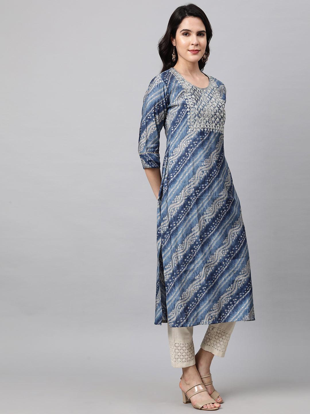 Zari Embroidered Bandhani Straight Kurta with 2-Ply Mask - Slate Blue - Indiakreations