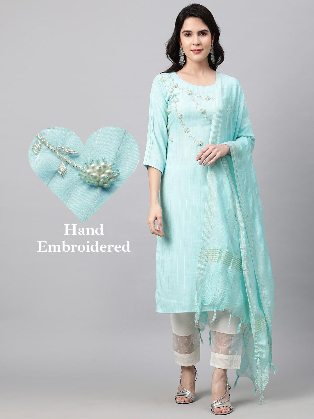 Pearls Embroidered & Lurex Kurta and Dupatta - Cyan Blue - Indiakreations