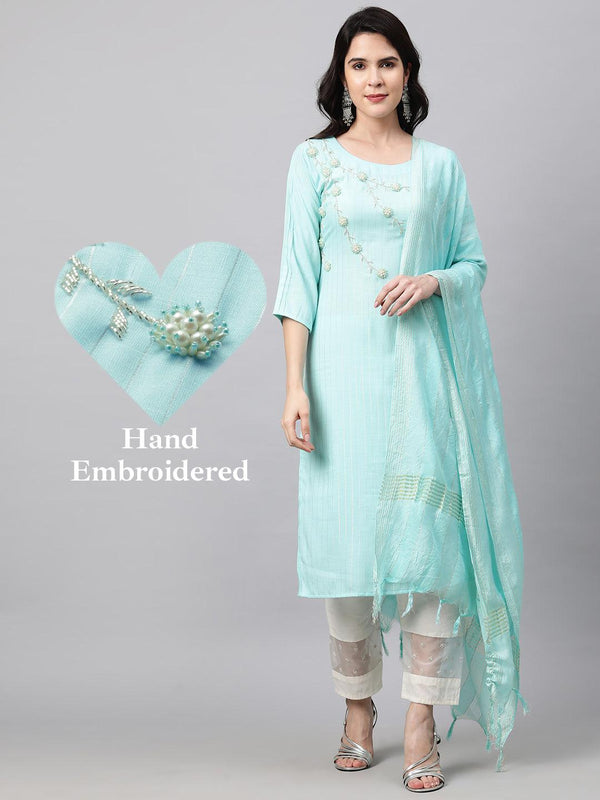 Pearls Embroidered & Lurex Kurta and Dupatta - Cyan Blue - Indiakreations