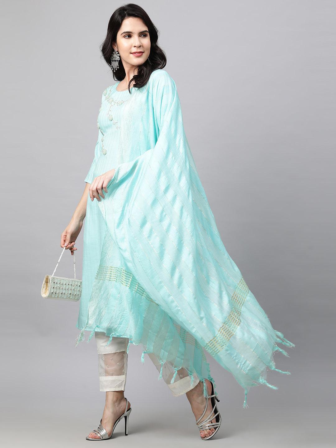 Pearls Embroidered & Lurex Kurta and Dupatta - Cyan Blue - Indiakreations