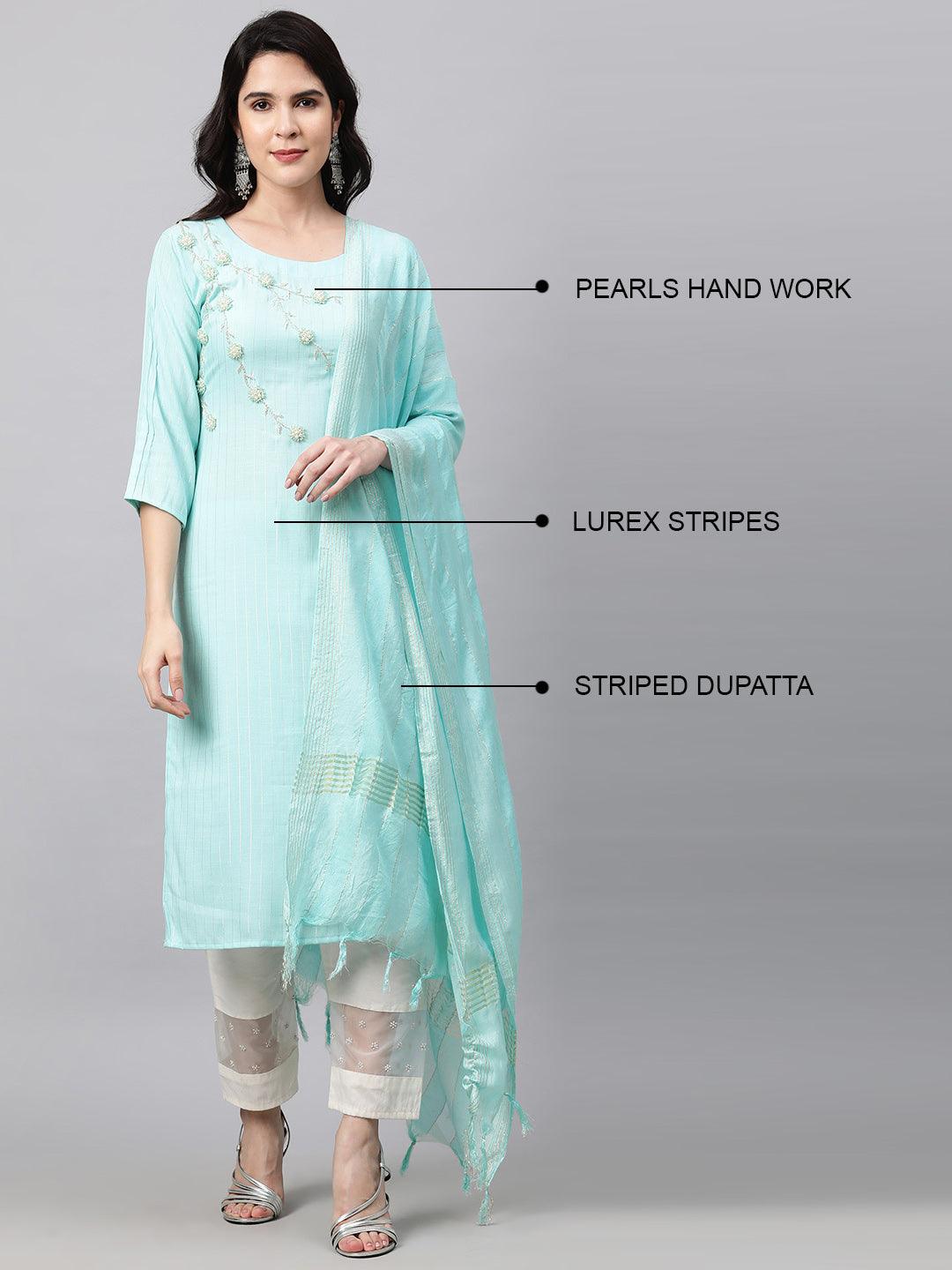 Pearls Embroidered & Lurex Kurta and Dupatta - Cyan Blue - Indiakreations