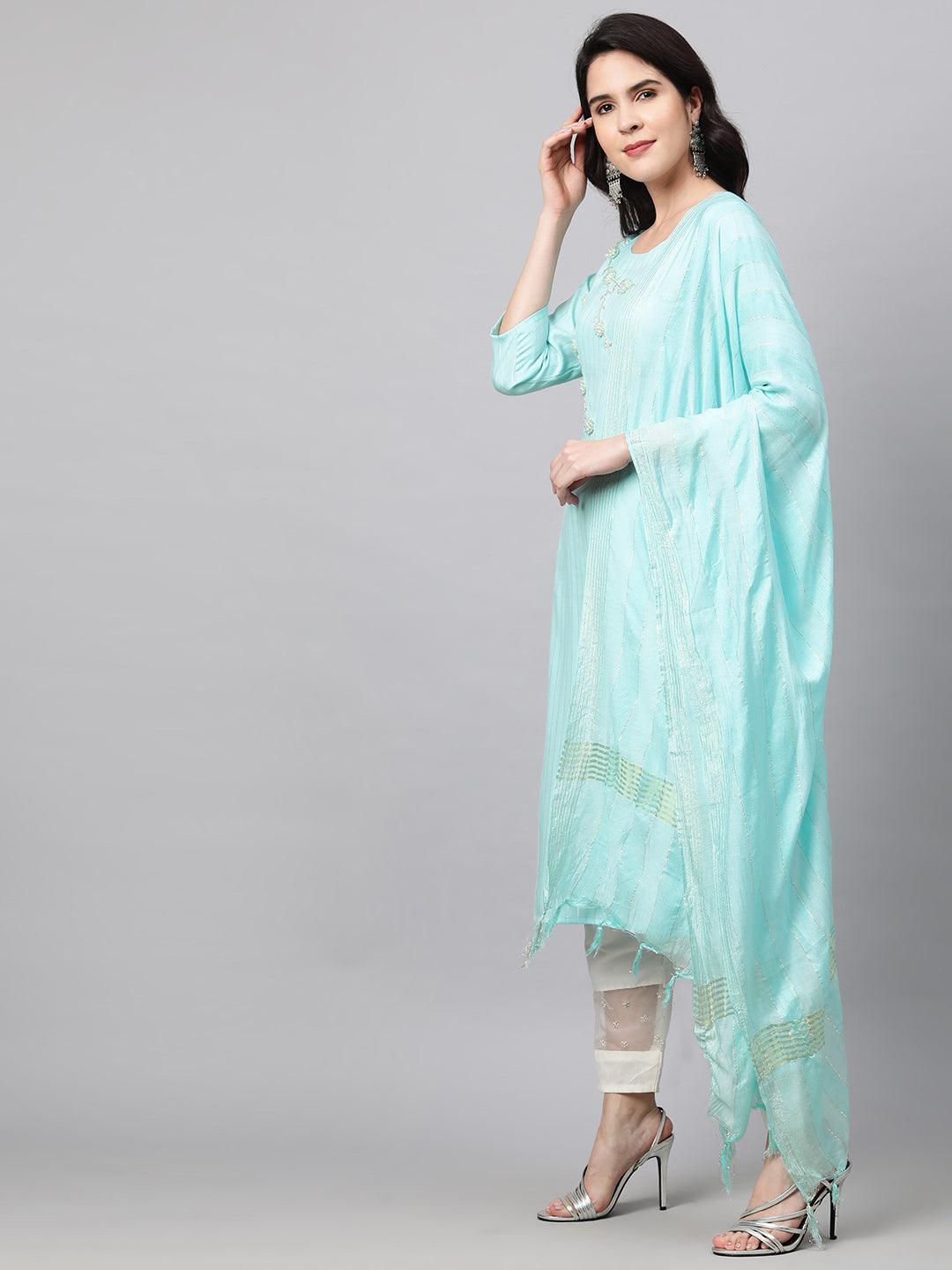 Pearls Embroidered & Lurex Kurta and Dupatta - Cyan Blue - Indiakreations