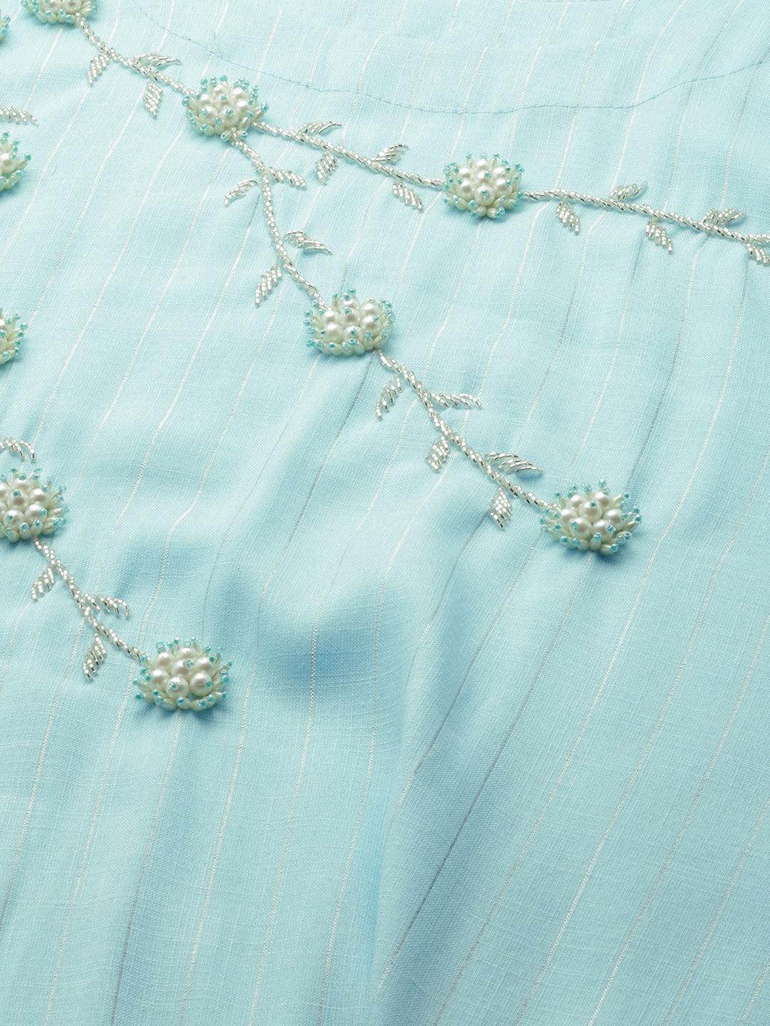 Pearls Embroidered & Lurex Kurta and Dupatta - Cyan Blue - Indiakreations