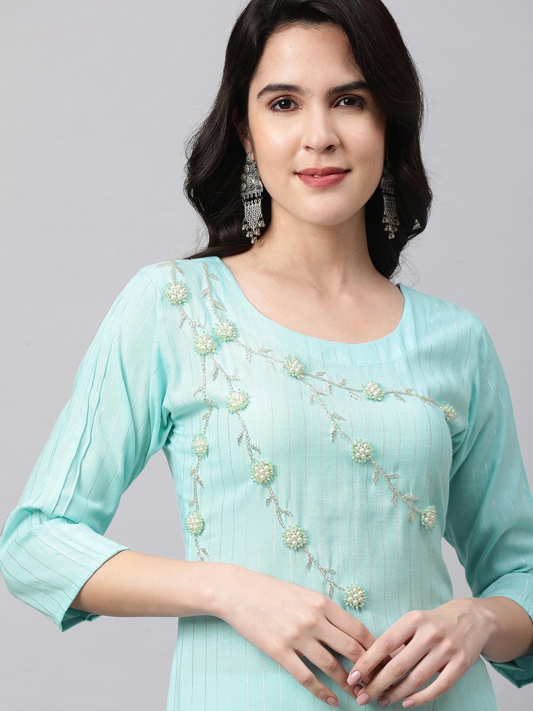 Pearls Embroidered & Lurex Kurta and Dupatta - Cyan Blue - Indiakreations