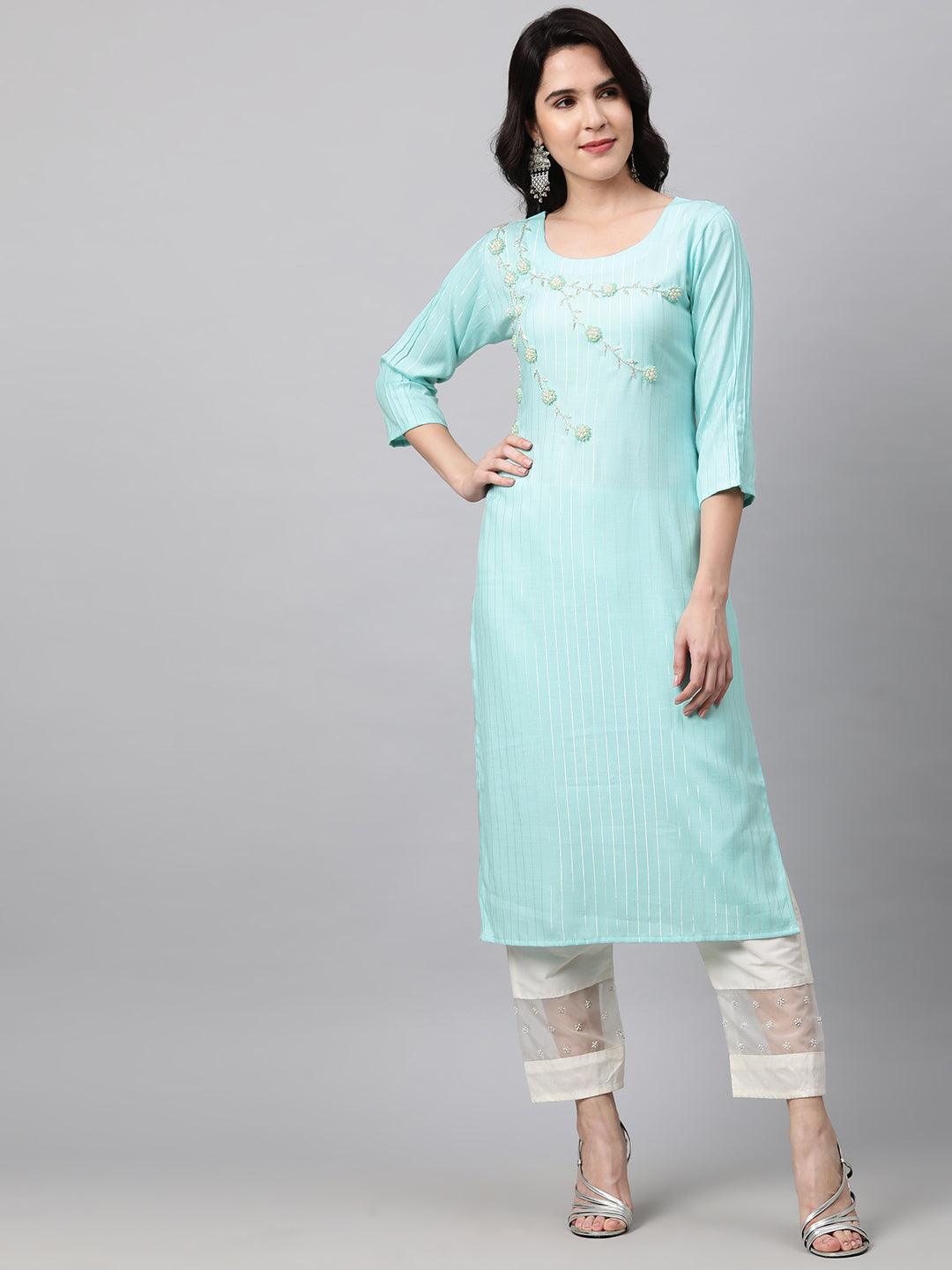 Pearls Embroidered & Lurex Kurta and Dupatta - Cyan Blue - Indiakreations