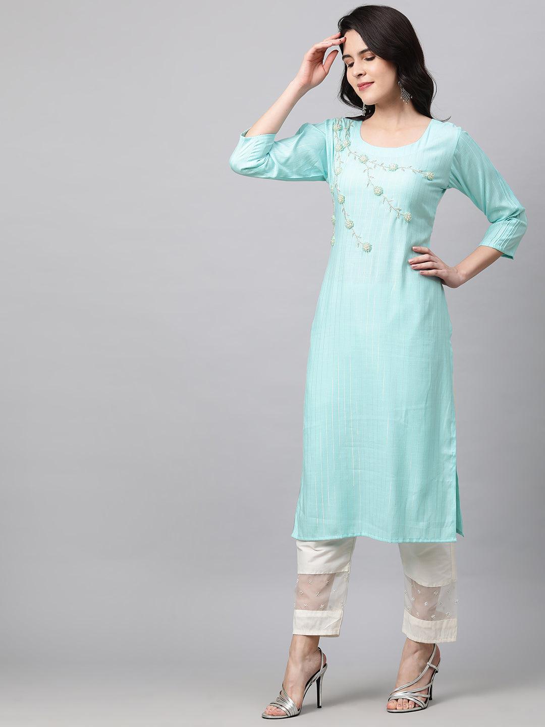 Pearls Embroidered & Lurex Kurta and Dupatta - Cyan Blue - Indiakreations