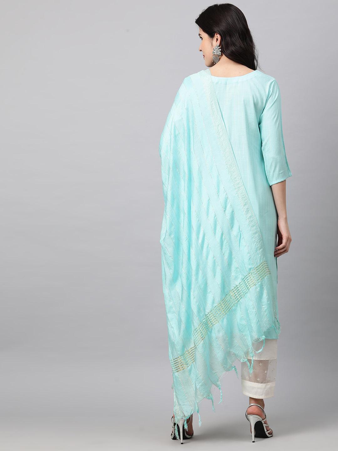 Pearls Embroidered & Lurex Kurta and Dupatta - Cyan Blue - Indiakreations