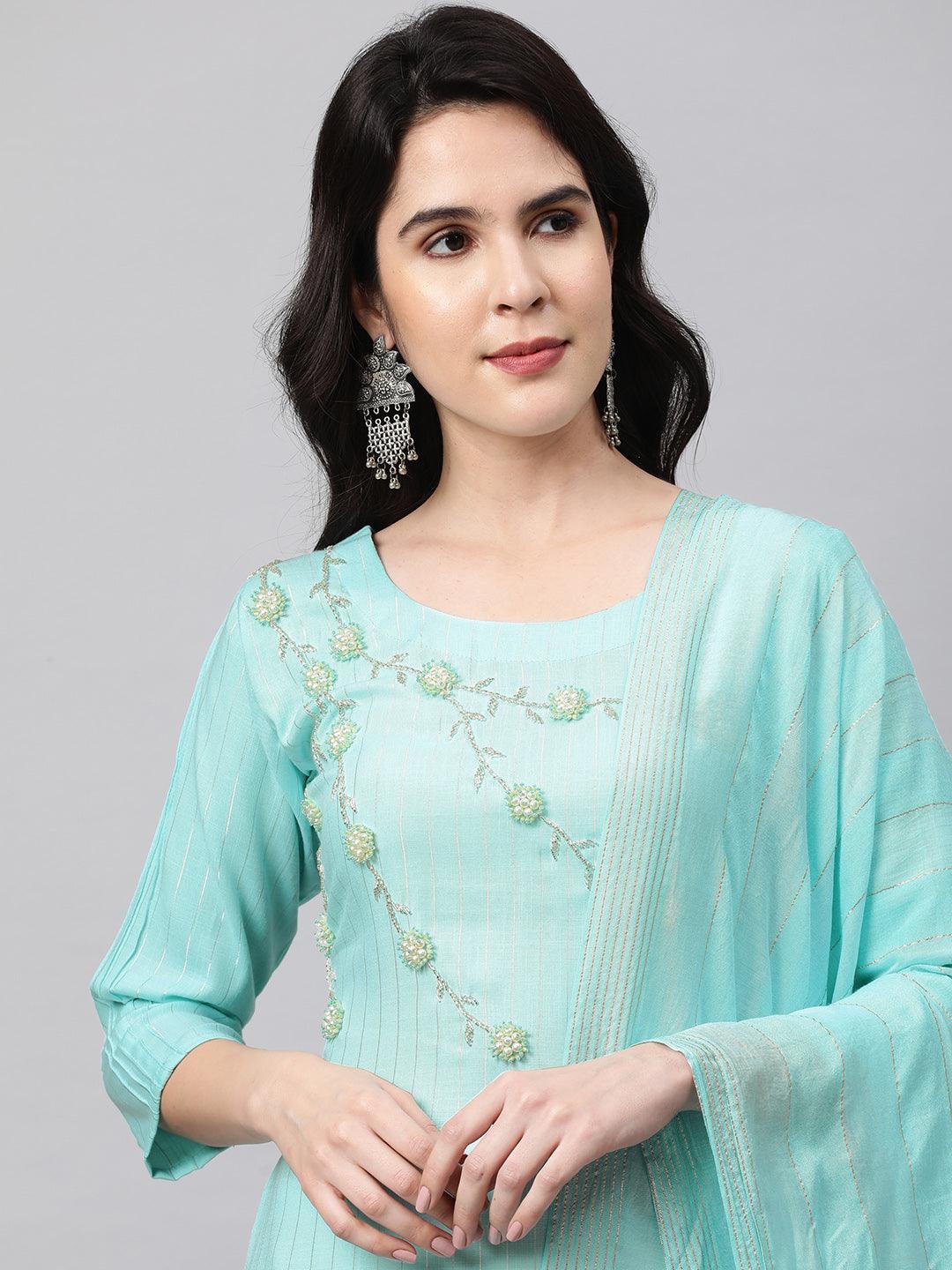 Pearls Embroidered & Lurex Kurta and Dupatta - Cyan Blue - Indiakreations