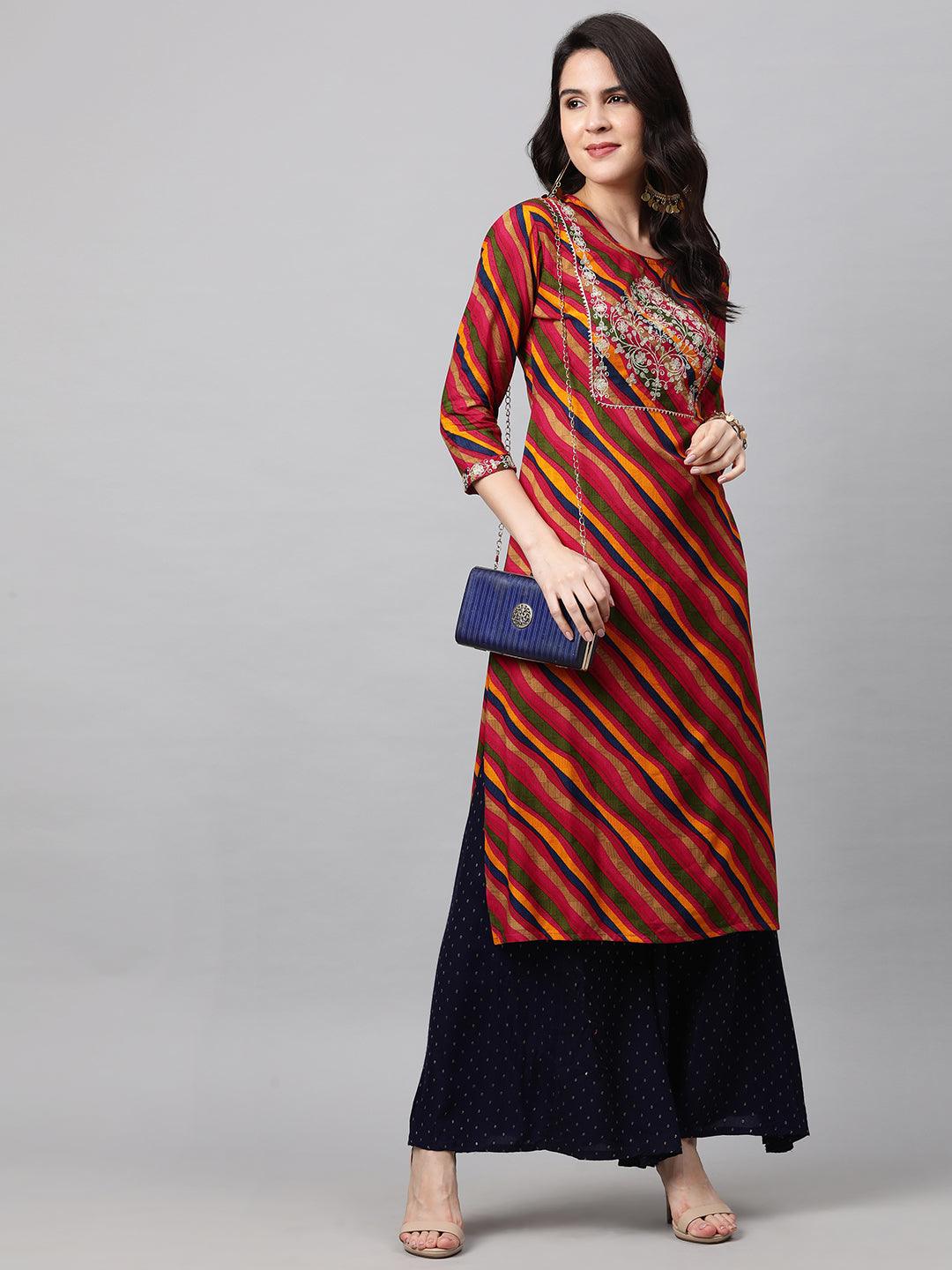 Zari Embroidered & Leheriya Straight Kurta - Multi - Indiakreations