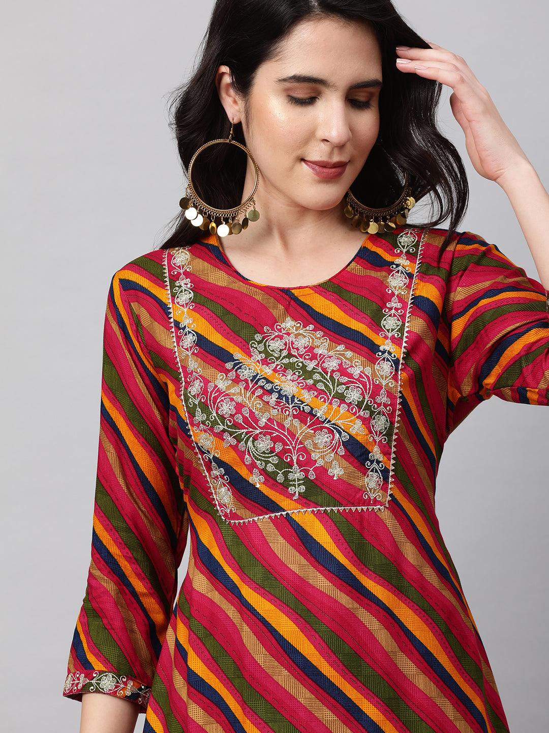 Zari Embroidered & Leheriya Straight Kurta - Multi - Indiakreations