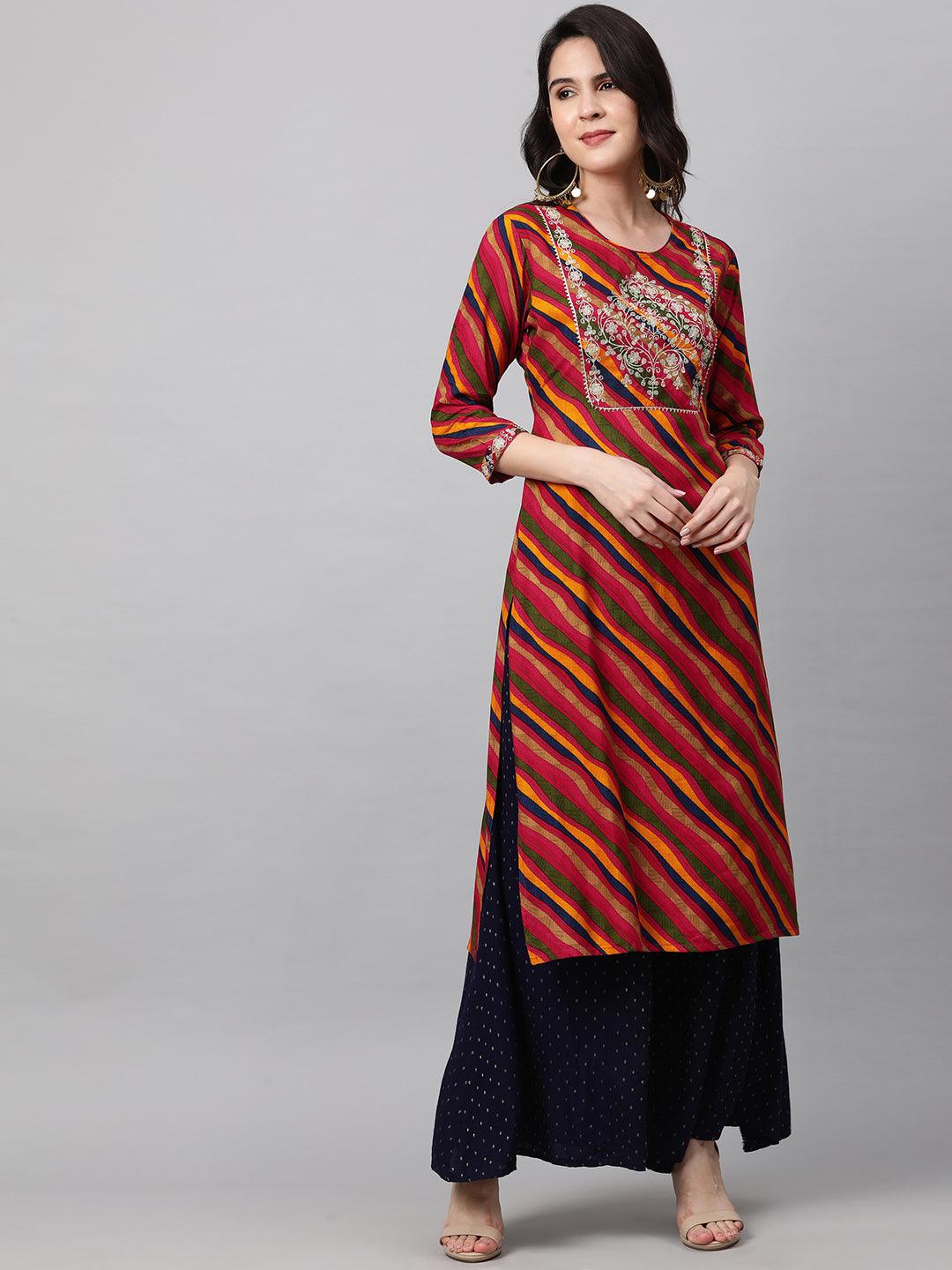 Zari Embroidered & Leheriya Straight Kurta - Multi - Indiakreations