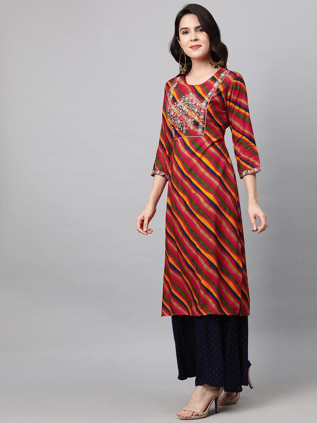 Zari Embroidered & Leheriya Straight Kurta - Multi - Indiakreations